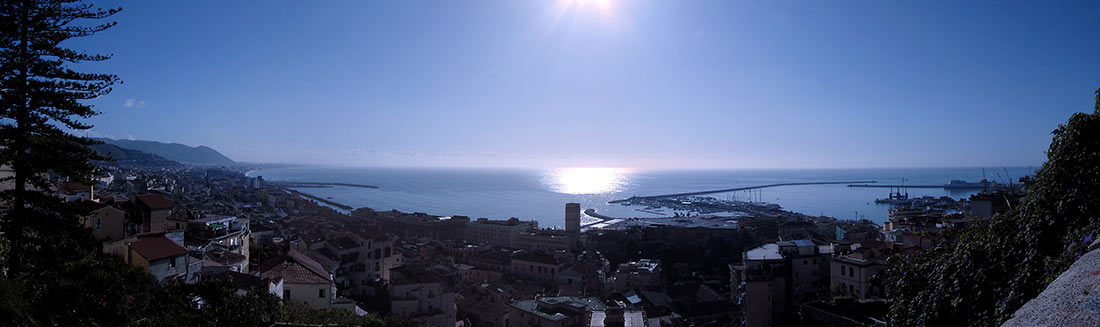 Вид на город Салерно и порт со стороны склона горы
