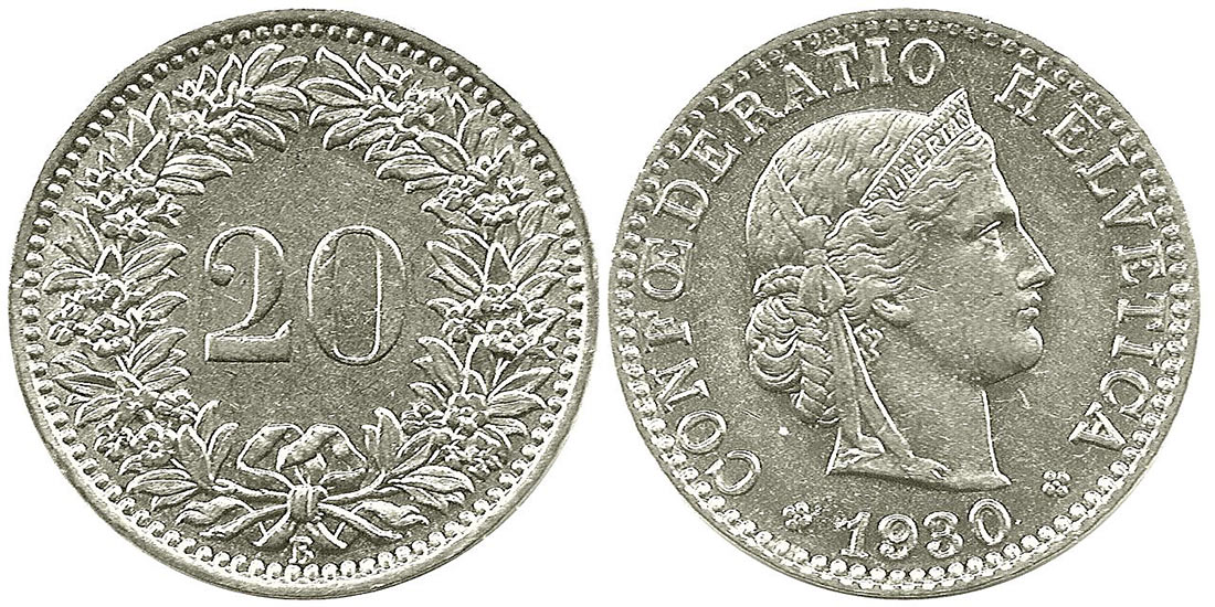 20 швейцарских центов (сантимов)
